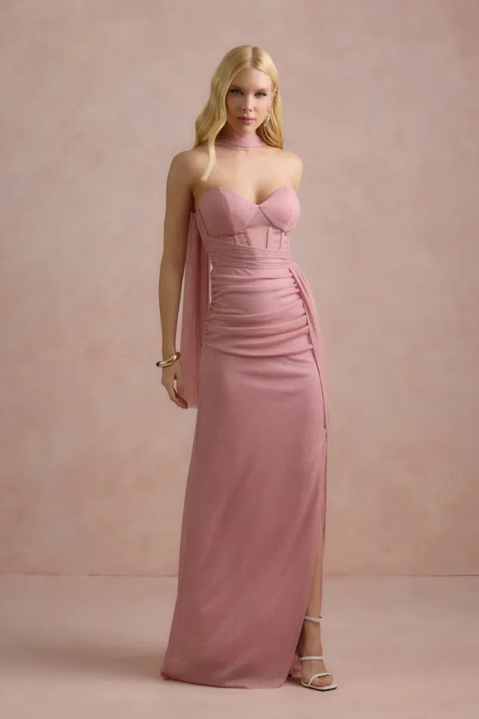 VESTIDO DE FESTA LUNA TULE LUREX CHOKER - ROSÉ