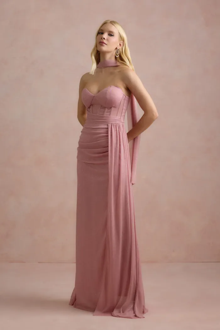 VESTIDO DE FESTA LUNA TULE LUREX CHOKER - ROSÉ