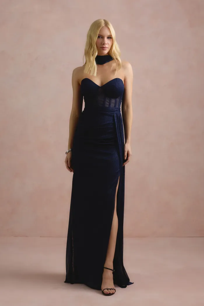 VESTIDO DE FESTA LUNA TULE LUREX CHOKER - AZUL MARINHO