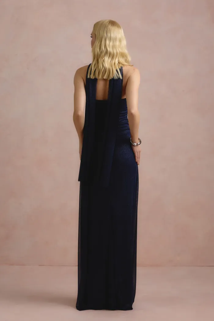 VESTIDO DE FESTA LUNA TULE LUREX CHOKER - AZUL MARINHO