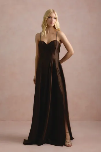 VESTIDO DE FESTA NORUEGA CREPE ACETINADO - MARROM