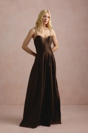 VESTIDO DE FESTA NORUEGA CREPE ACETINADO - MARROM