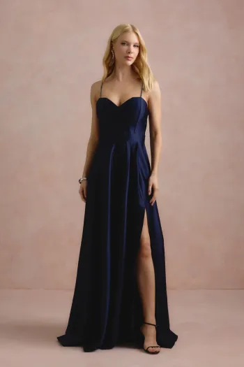 VESTIDO DE FESTA NORUEGA CREPE ACETINADO - AZUL MARINHO
