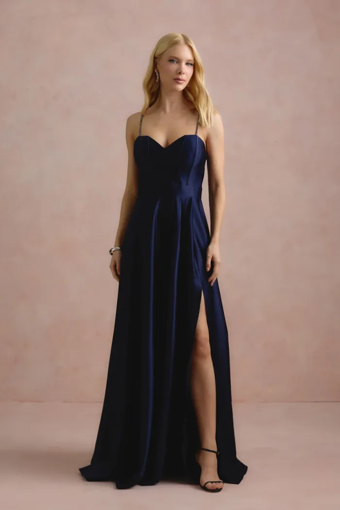 VESTIDO DE FESTA NORUEGA CREPE ACETINADO - AZUL MARINHO