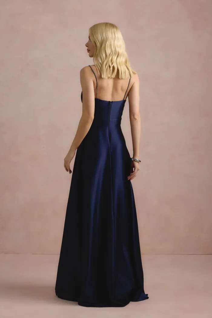 VESTIDO DE FESTA NORUEGA CREPE ACETINADO - AZUL MARINHO