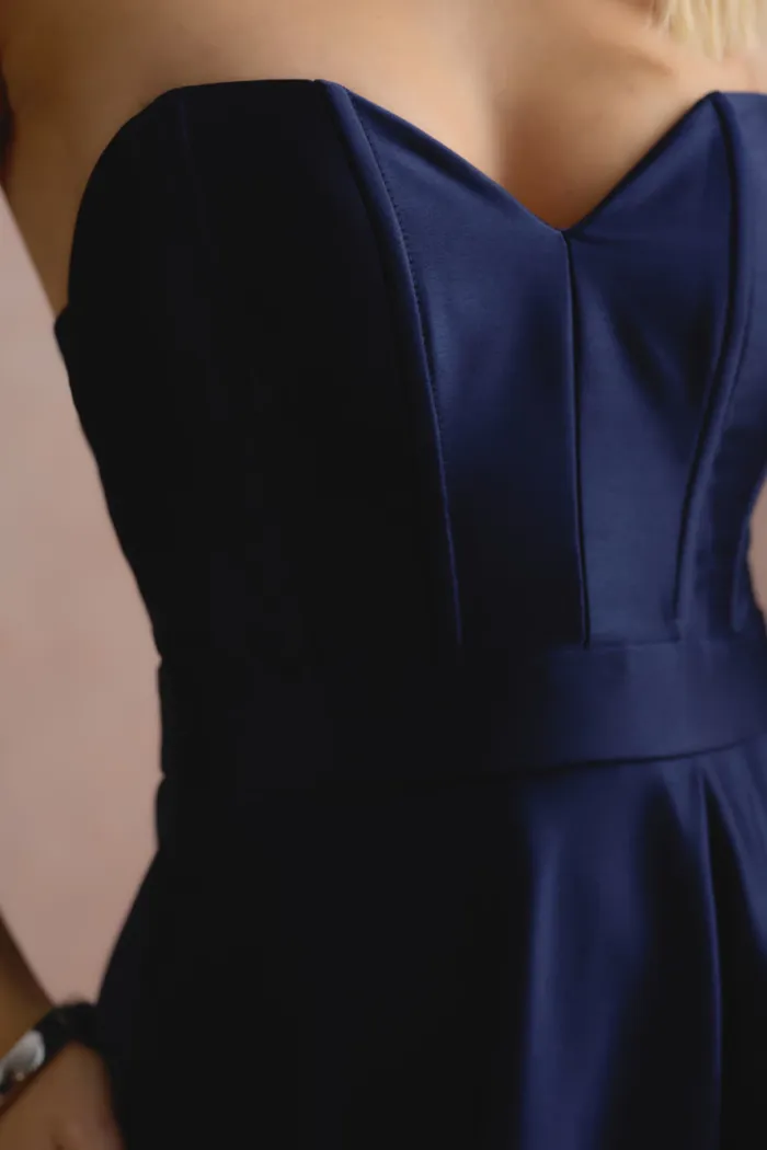 VESTIDO DE FESTA NORUEGA CREPE ACETINADO - AZUL MARINHO