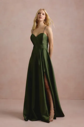 VESTIDO DE FESTA NORUEGA CREPE ACETINADO - VERDE OLIVA