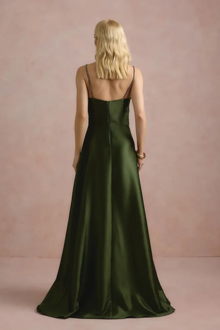 VESTIDO DE FESTA NORUEGA CREPE ACETINADO - VERDE OLIVA