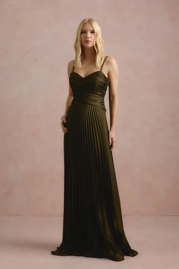 VESTIDO DE FESTA TANGARÁ PLISSADO - VERDE OLIVA