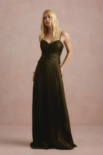 VESTIDO DE FESTA TANGARÁ PLISSADO - VERDE OLIVA