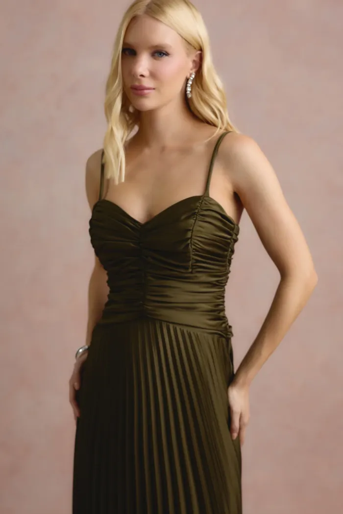 VESTIDO DE FESTA TANGARÁ PLISSADO - VERDE OLIVA