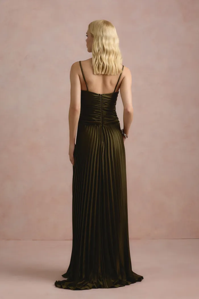 VESTIDO DE FESTA TANGARÁ PLISSADO - VERDE OLIVA
