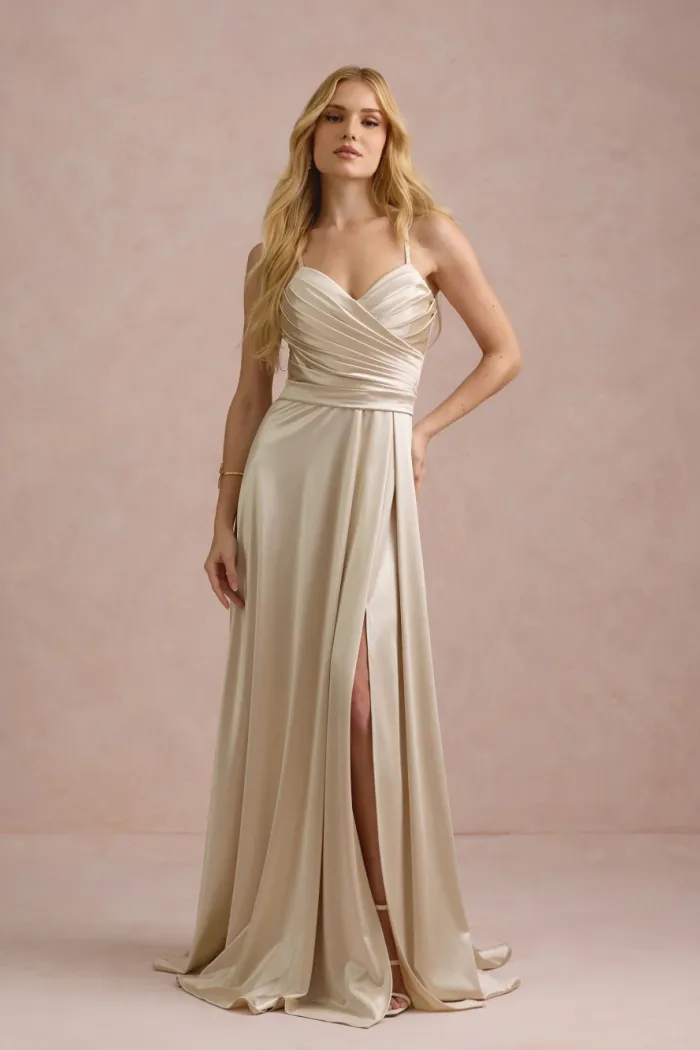 VESTIDO DE FESTA ÂNGELA CREPE ACETINADO - CHAMPAGNE