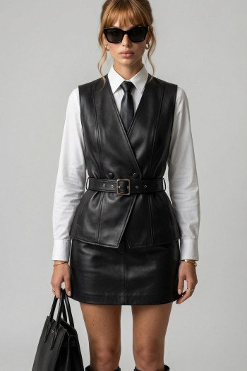 CONJUNTO COLETE E SAIA BARBARA COURO ECO FINESSE - PRETO