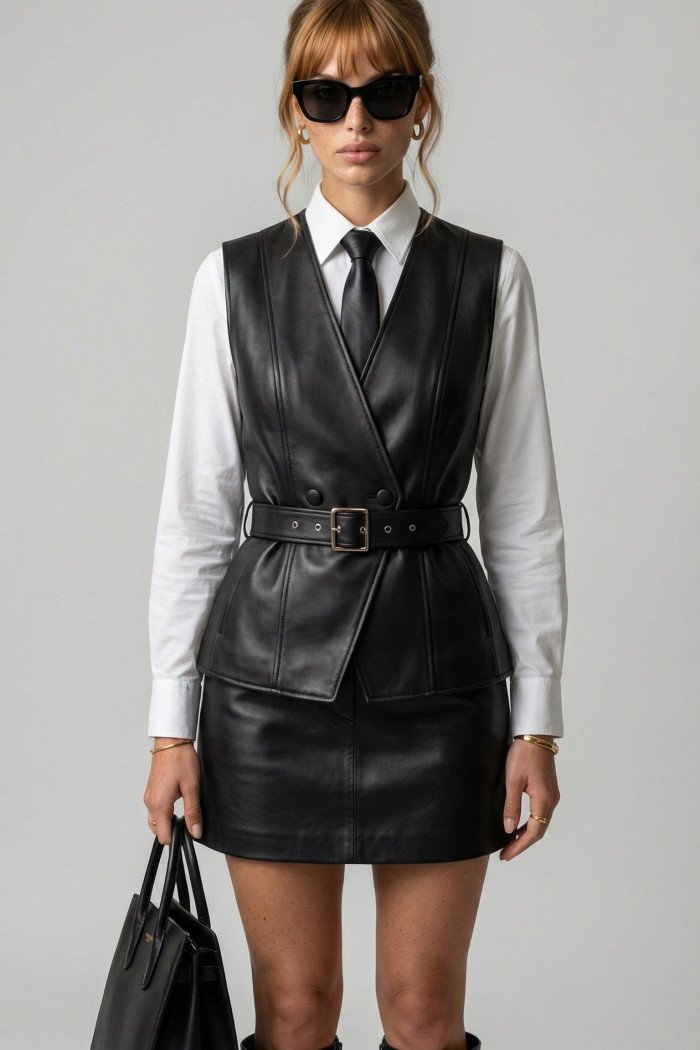 CONJUNTO COLETE E SAIA BARBARA COURO ECO FINESSE - PRETO