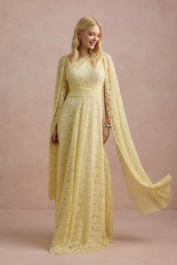 VESTIDO MARILYN RENDA UM OMBRO COM CAPA - AMARELO MANTEIGA