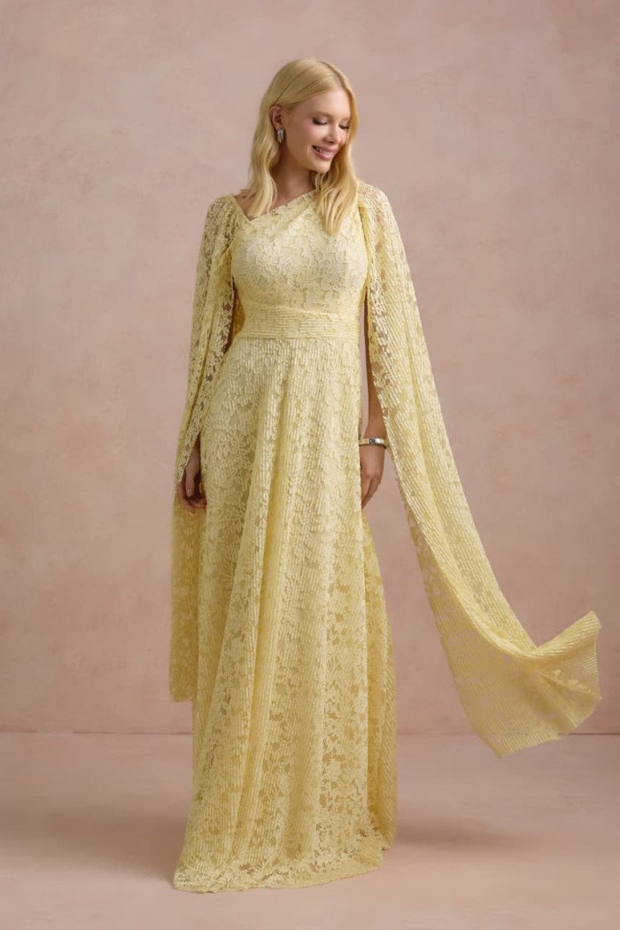 VESTIDO MARILYN RENDA UM OMBRO COM CAPA - AMARELO MANTEIGA