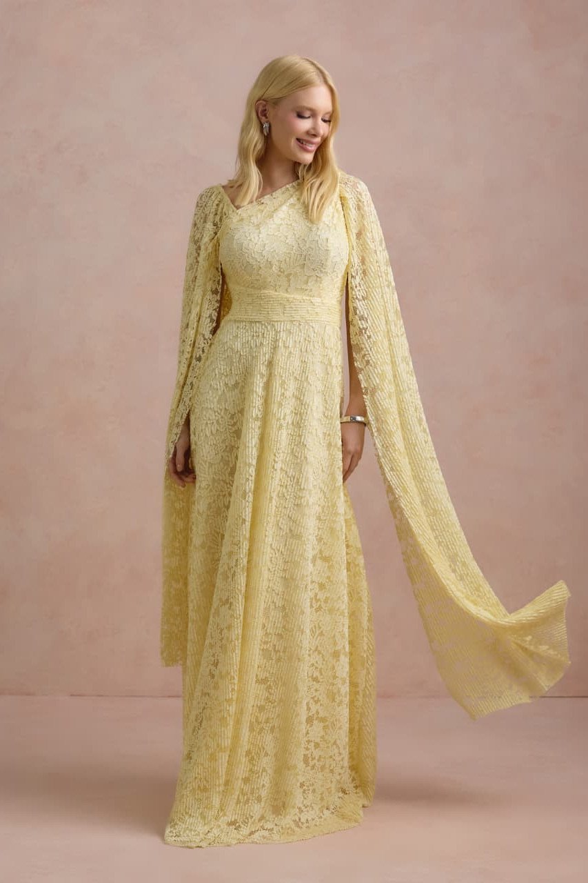 VESTIDO MARILYN RENDA UM OMBRO COM CAPA - AMARELO MANTEIGA