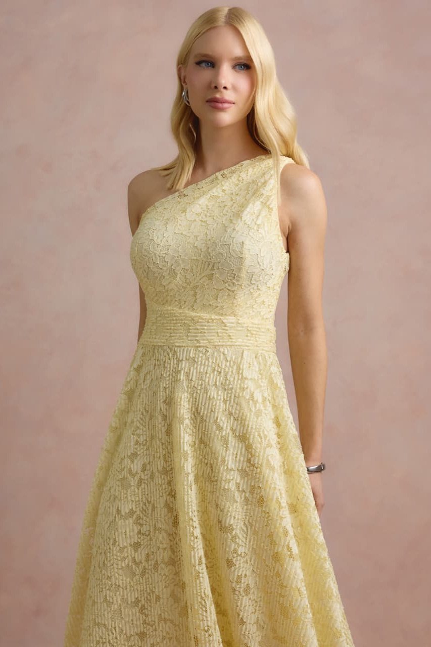 VESTIDO MARILYN RENDA UM OMBRO COM CAPA - AMARELO MANTEIGA