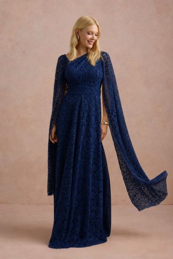VESTIDO MARILYN RENDA UM OMBRO COM CAPA - AZUL MARINHO