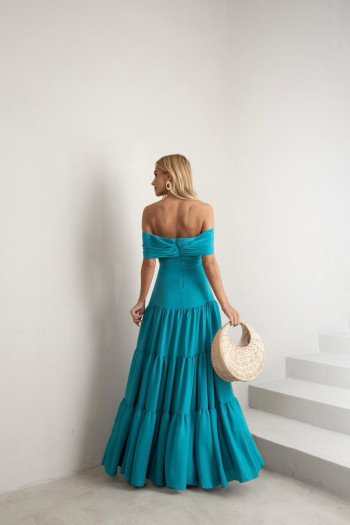 VESTIDO HOLANDA CHIFFON OMBRO A OMBRO - TURQUESA