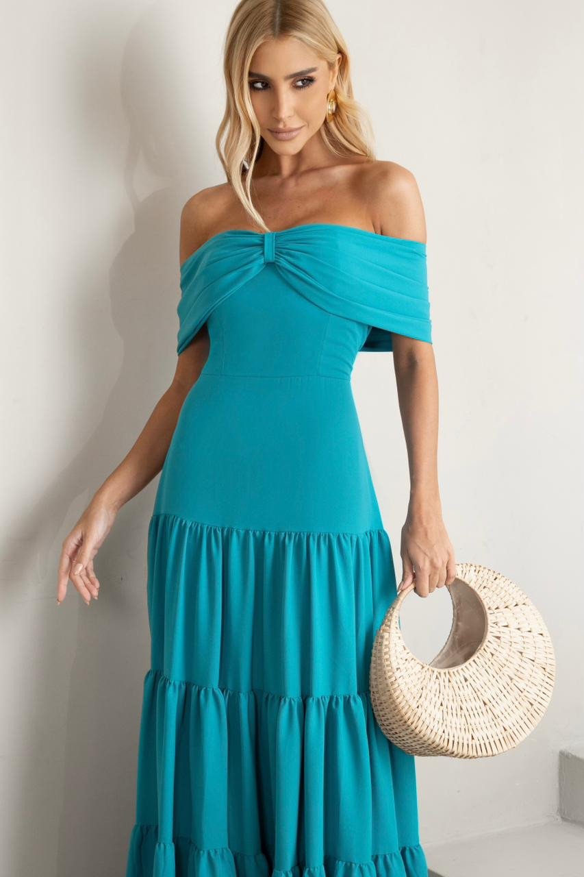 VESTIDO HOLANDA CHIFFON OMBRO A OMBRO - TURQUESA