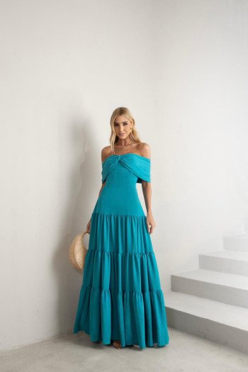 VESTIDO HOLANDA CHIFFON OMBRO A OMBRO - TURQUESA