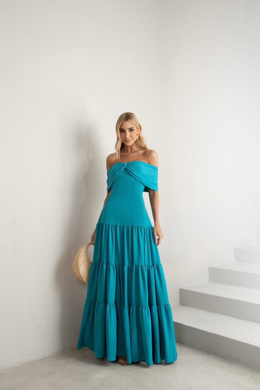 VESTIDO HOLANDA CHIFFON OMBRO A OMBRO - TURQUESA