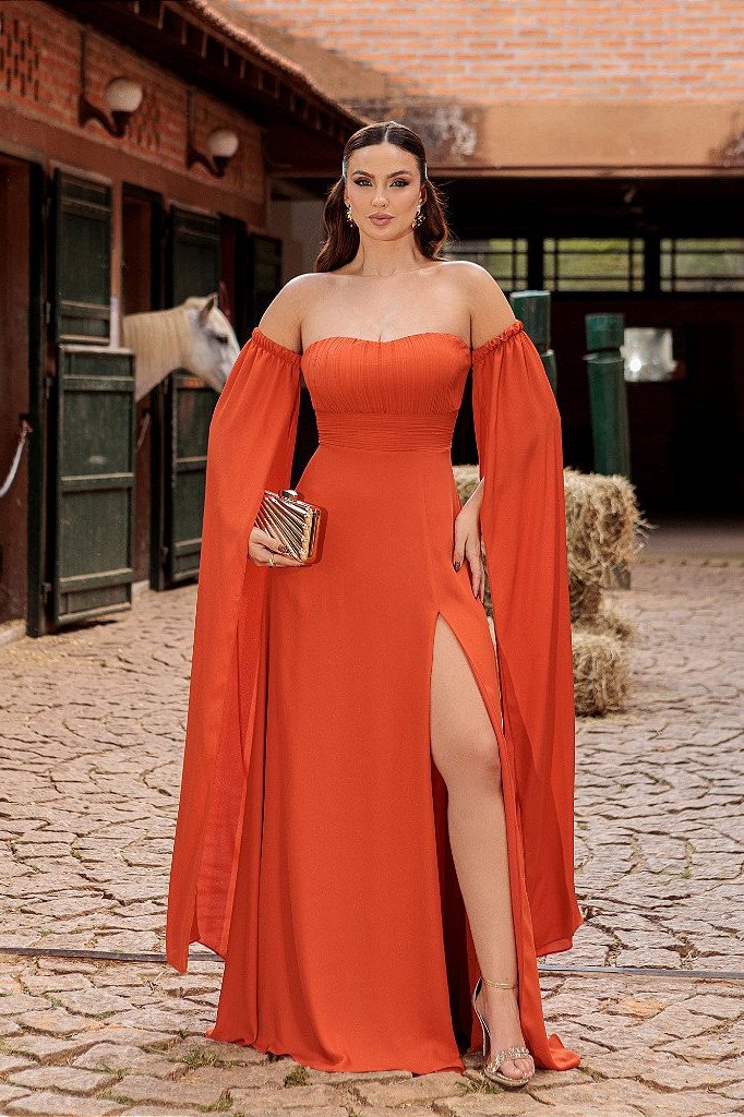 VESTIDO DE FESTA RANCHCORE MANGA CIGANINHA - TERRACOTA