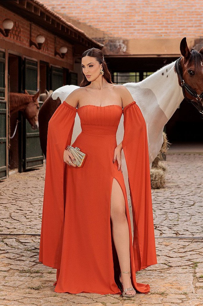 VESTIDO DE FESTA RANCHCORE MANGA CIGANINHA - TERRACOTA