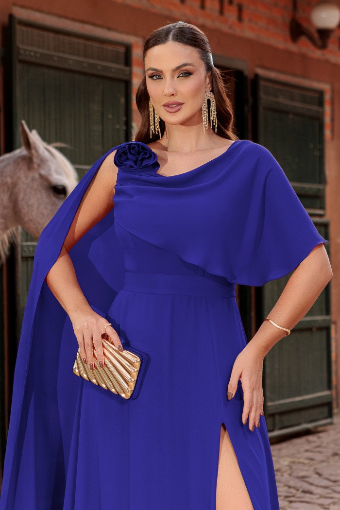 VESTIDO DE FESTA LONGO GARDEN DETALHE CAPA - AZUL ROYAL