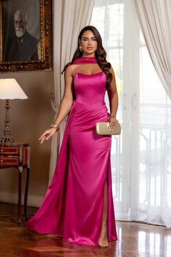 VESTIDO DE FESTA DANIELLA T.Q.C CREPE VOGUE - FÚCSIA