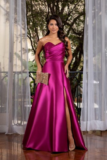 VESTIDO EXPLENDORE T.Q.C ZIBELINE COM DETALHE PAETÊ BUSTO - FÚCSIA