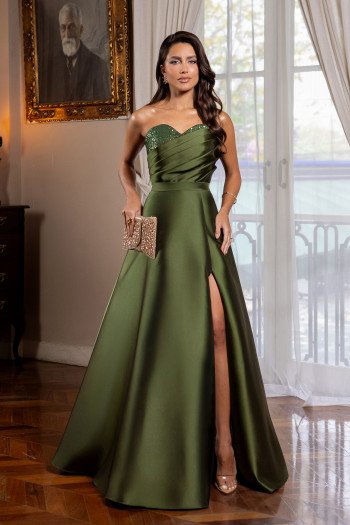 VESTIDO EXPLENDORE T.Q.C ZIBELINE COM DETALHE PAETÊ BUSTO - VERDE OLIVA