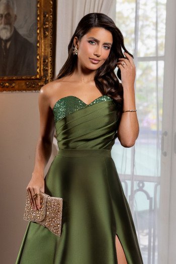 VESTIDO EXPLENDORE T.Q.C ZIBELINE COM DETALHE PAETÊ BUSTO - VERDE OLIVA