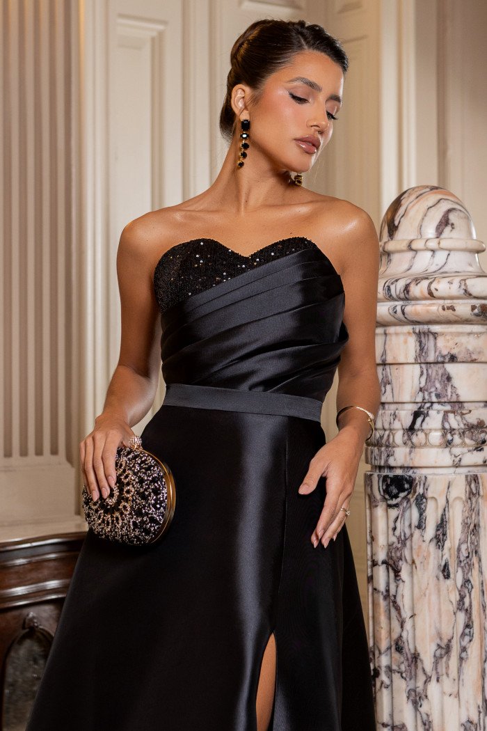 VESTIDO EXPLENDORE T.Q.C ZIBELINE COM DETALHE PAETÊ BUSTO - PRETO