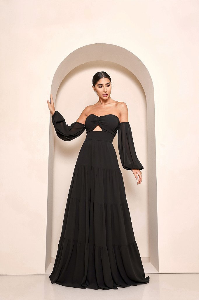 VESTIDO VAN GOGH LONGO CIGANINHA - PRETO