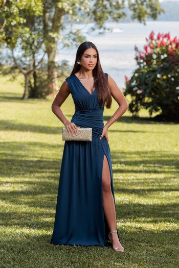 VESTIDO LONGO KOURTNEY DRAPEADO FENDA - AZUL MARINHO