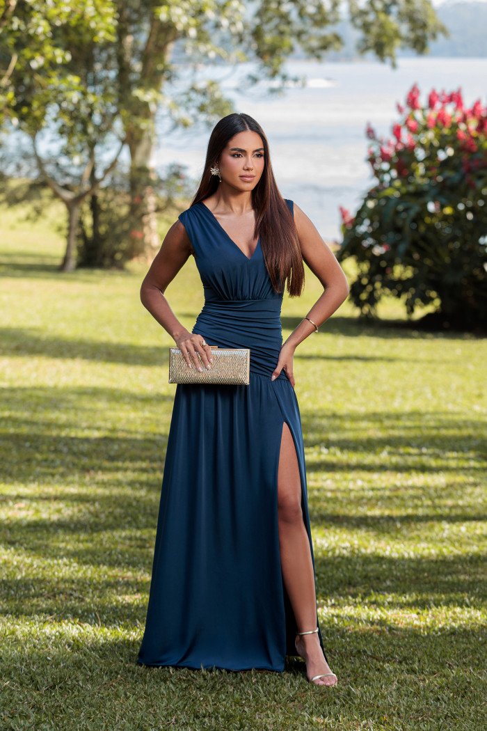 VESTIDO LONGO KOURTNEY DRAPEADO FENDA - AZUL MARINHO