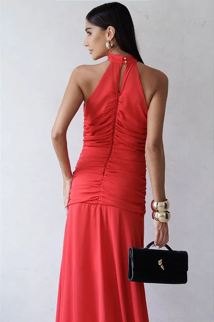 VESTIDO LINIK LONGO CREPE DRAPEADO ZÍPER COSTAS - VERMELHO
