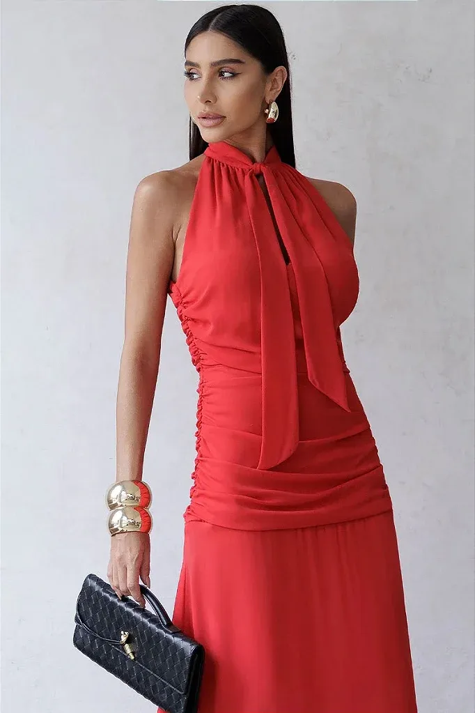 VESTIDO LINIK LONGO CREPE DRAPEADO ZÍPER COSTAS - VERMELHO