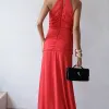VESTIDO LINIK LONGO CREPE DRAPEADO ZÍPER COSTAS - VERMELHO