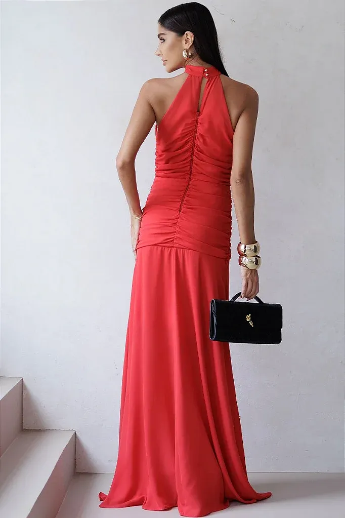 VESTIDO LINIK LONGO CREPE DRAPEADO ZÍPER COSTAS - VERMELHO