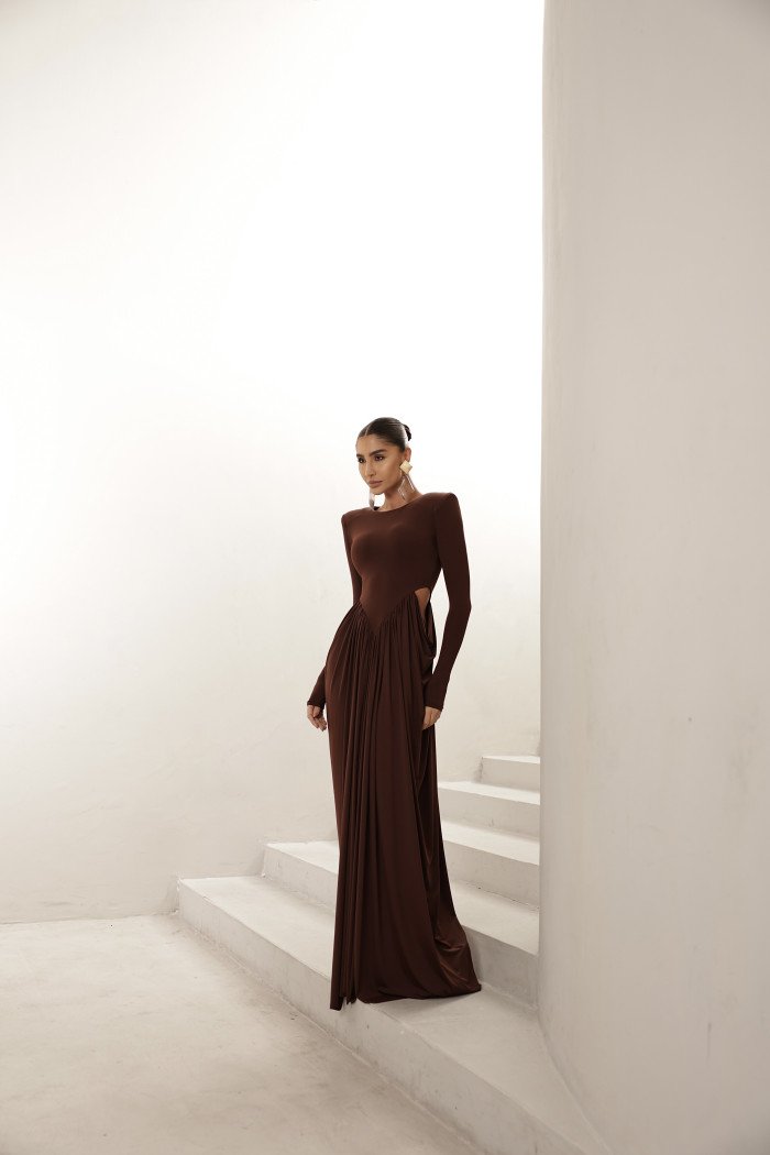 VESTIDO PARIS MANGA LONGA SAIA DRAPEADA - MARROM
