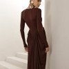 VESTIDO PARIS MANGA LONGA SAIA DRAPEADA - MARROM