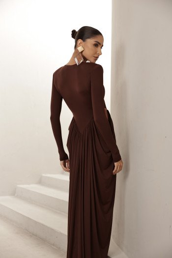 VESTIDO PARIS MANGA LONGA SAIA DRAPEADA - MARROM