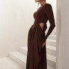 VESTIDO PARIS MANGA LONGA SAIA DRAPEADA - MARROM