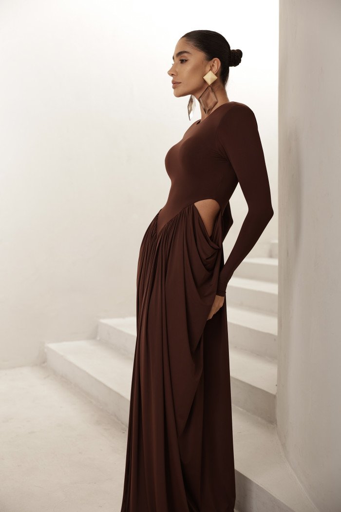 VESTIDO PARIS MANGA LONGA SAIA DRAPEADA - MARROM