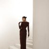 VESTIDO PARIS MANGA LONGA SAIA DRAPEADA - MARROM