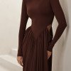 VESTIDO PARIS MANGA LONGA SAIA DRAPEADA - MARROM